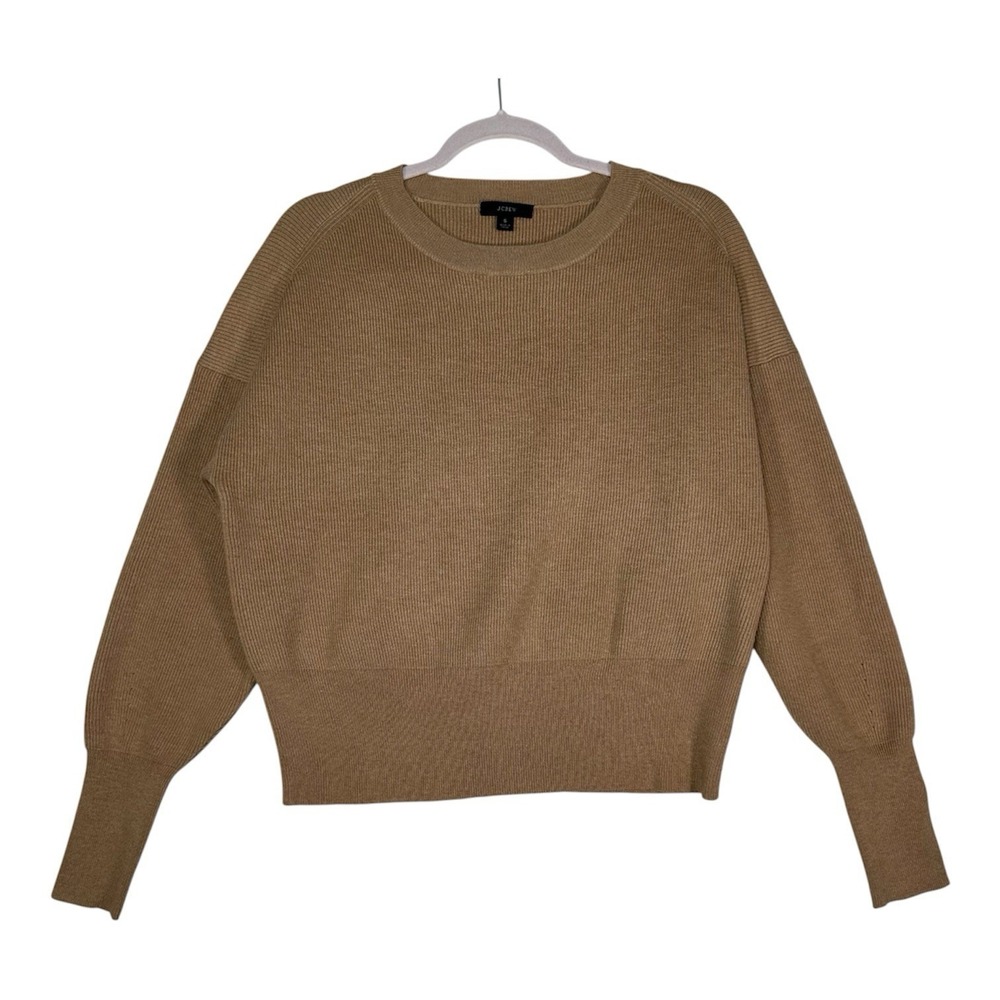 J.CREW Balloon Sleeve Ribbed Crewneck Sweater Camel Brown Merino Cotton Blend‎ S